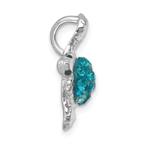 925 Sterling Silver RH-plated Polished Aqua Blue Crystal Turtle Chain Slide Char - Picture 2 of 5